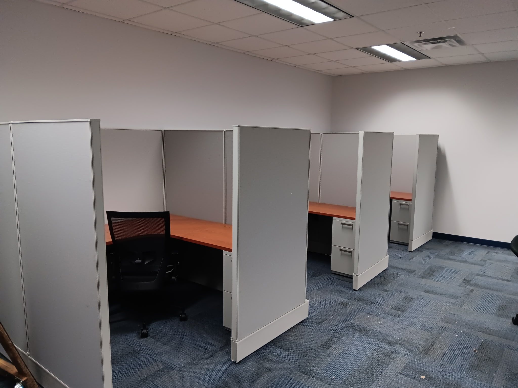 High panel cubicles with orange work surfaces